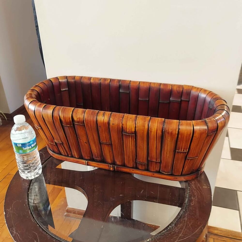 Vintage Mid Century Italian Rattan Bamboo & Wood Planter or Centerpiece Basket